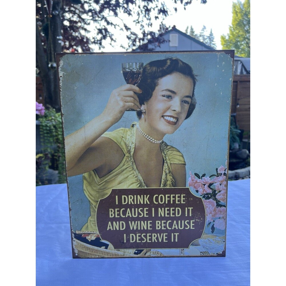 Retro Vintage Coffee & Wine Lover Metal Sign Cute Kitchen Bar Wall Decor 16x13